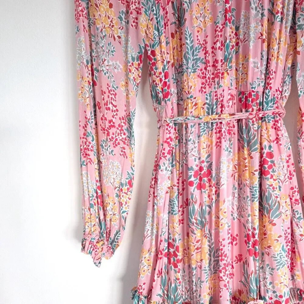 Boden Pink Floral Tiered Midi Dress Long Sleeve Viscose Belted Maxi Size 6R 6